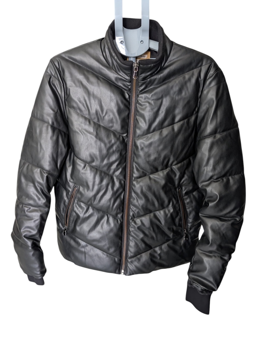 Robert Phillipe NY Black Faux Leather Puffer Jacket Chevron Quilted Bomber (SM)